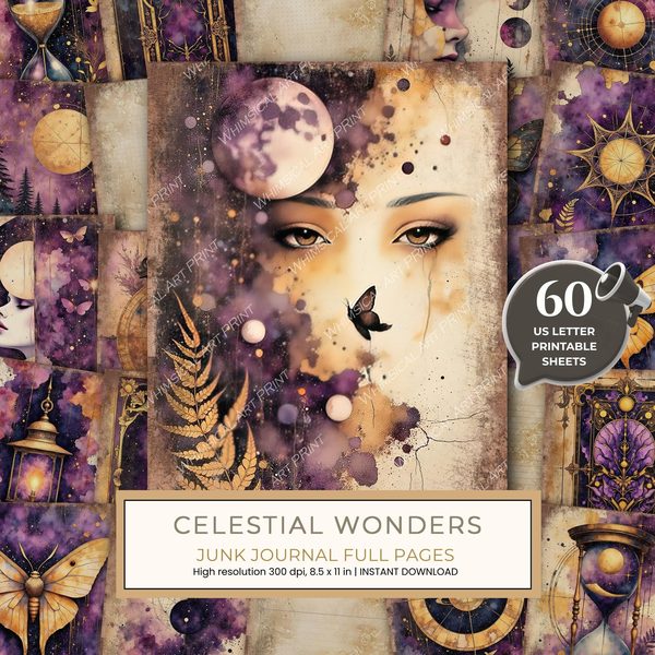 Cosmos Nebula Moth Junk Journal Pages: 60 Watercolor Digital Paper, Scrapbook Printables