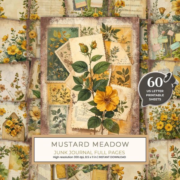 Wildlflower Meadow Junk Journal Pages: 65 Watercolor Digital Paper - Scrapbook Printables - Commercial Use
