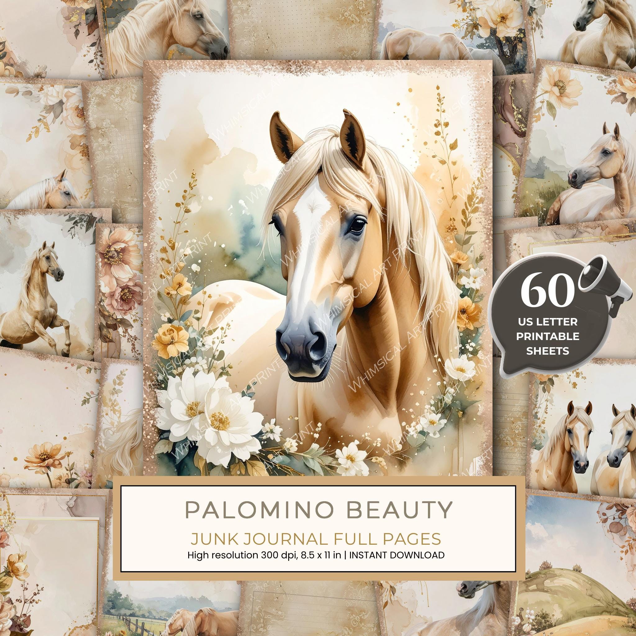 Palomino Horse Beauty Junk Journal Pages: 60 Watercolor Digital Paper - Scrapbook Printables