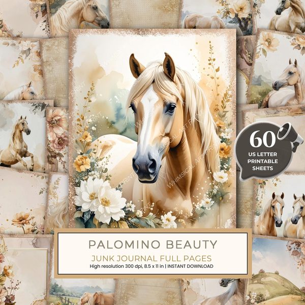 Palomino Horse Beauty Junk Journal Pages: 60 Watercolor Digital Paper - Scrapbook Printables
