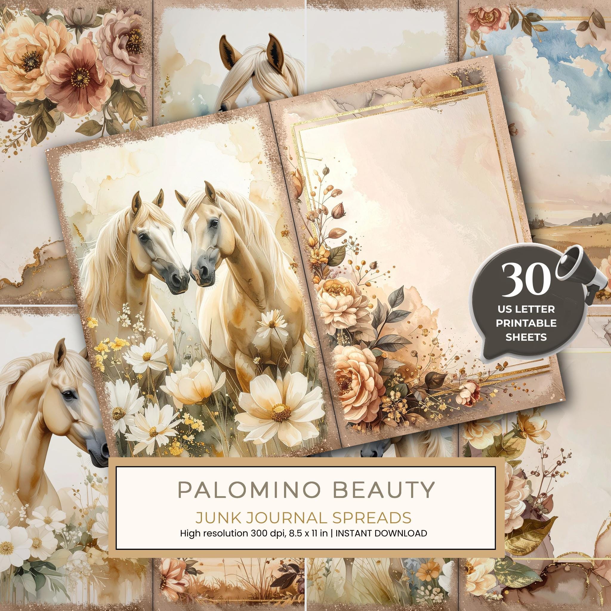 30 Palomino Pony Journal Spreads: Printable Open Book Pages - Commercial Use JPGs