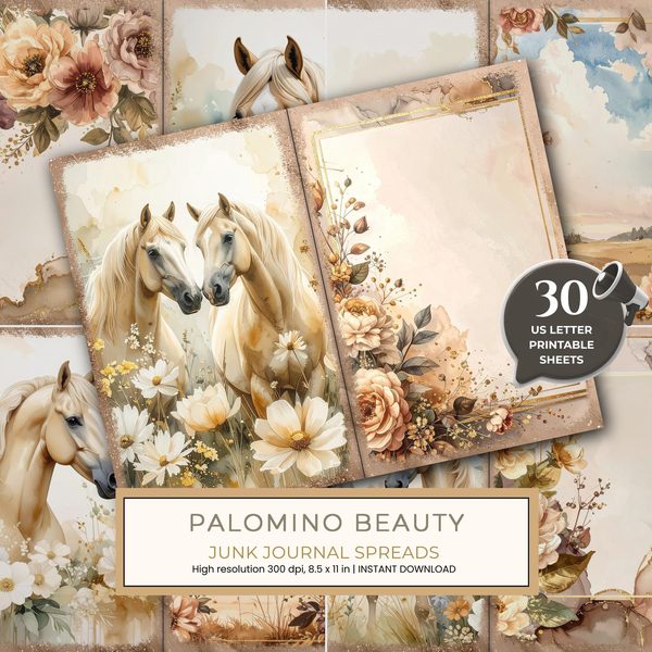 30 Palomino Pony Journal Spreads: Printable Open Book Pages - Commercial Use JPGs