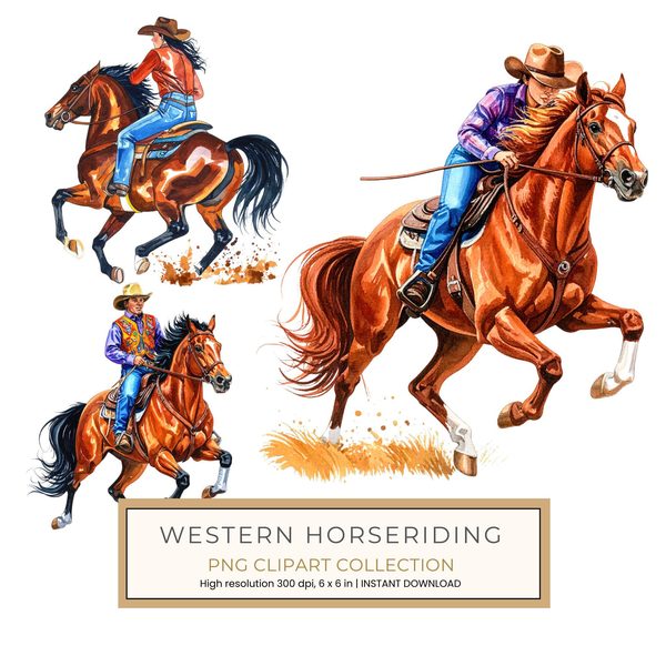 15 Western Horse Riding Clipart PNG - Watercolor Style (Digital Download, Commercial Use)