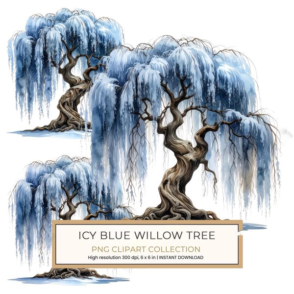 11 Blue Weeping Willow Tree Clipart – Watercolor Style, Commercial Use (Digital Download)