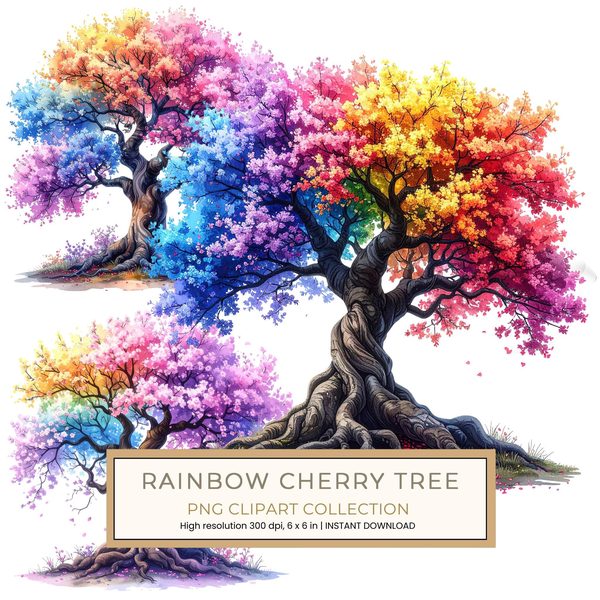 12 Rainbow Cherry Tree of Life Clipart PNG - Watercolor Style (Digital Download - Commercial Use)
