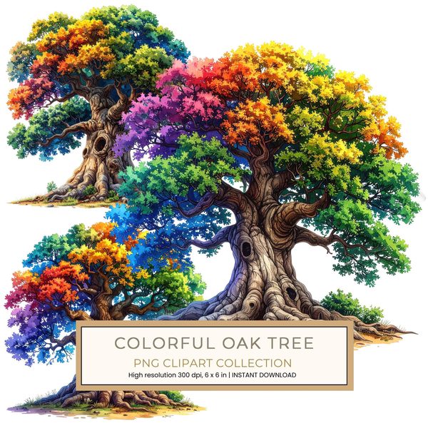 12 Colorful Oak Tree of Life Clipart PNG - Watercolor Style (Digital Download - Commercial Use)