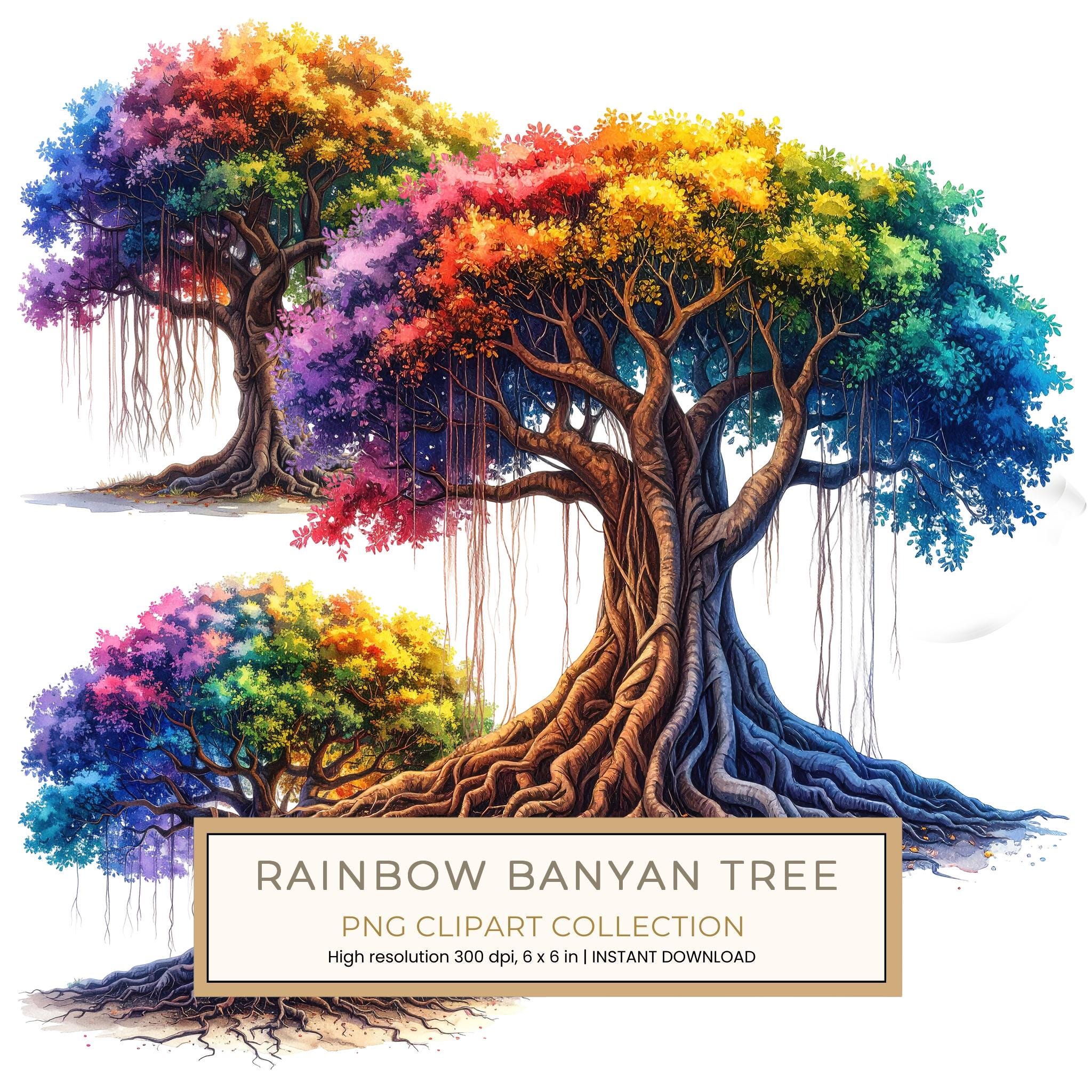 12 Colorful Banyan Tree of Life Clipart PNG - Watercolor Style (Digital Download - Commercial Use)