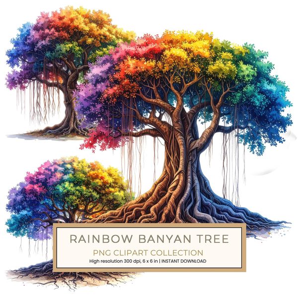 12 Colorful Banyan Tree of Life Clipart PNG - Watercolor Style (Digital Download - Commercial Use)