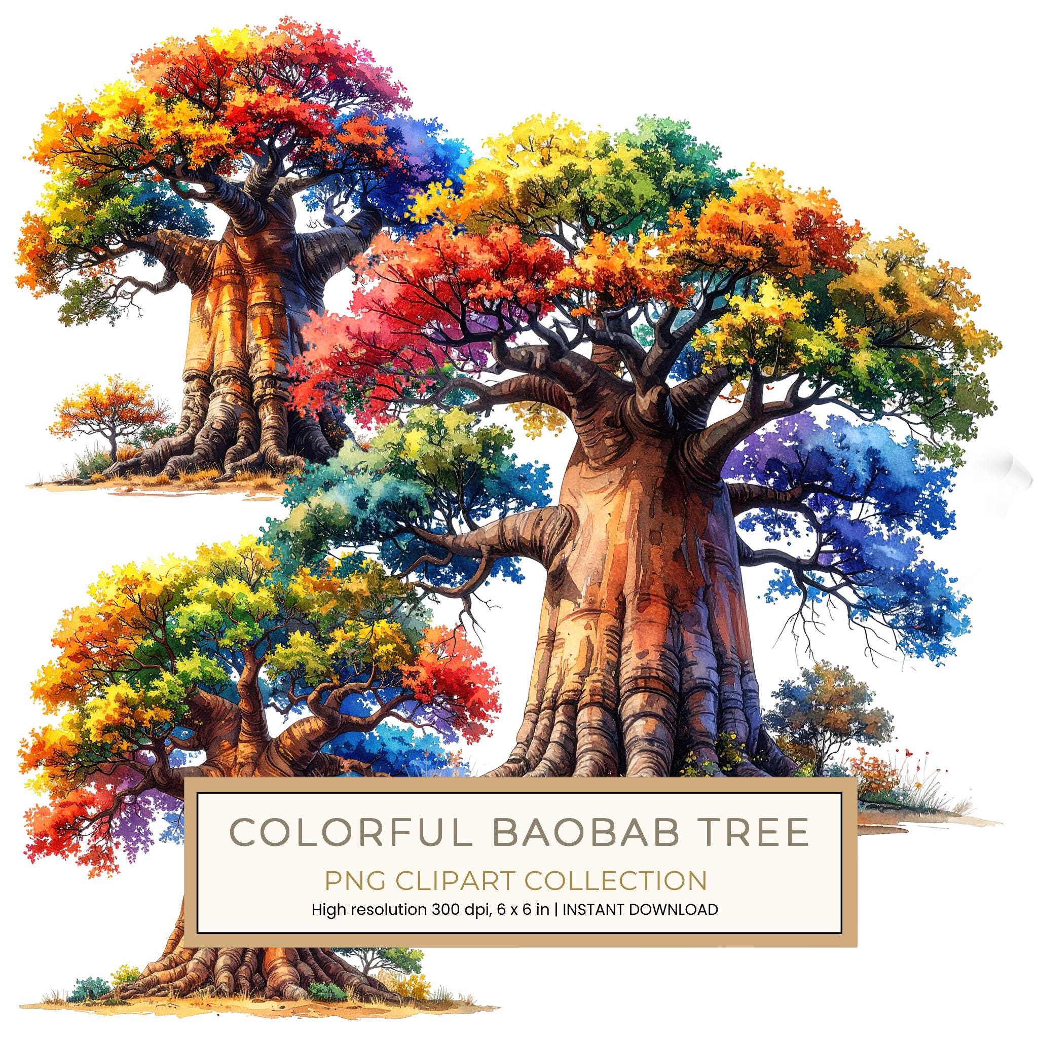 12 Colorful Baobab Tree of Life Clipart PNG - Watercolor Style (Digital Download - Commercial Use)