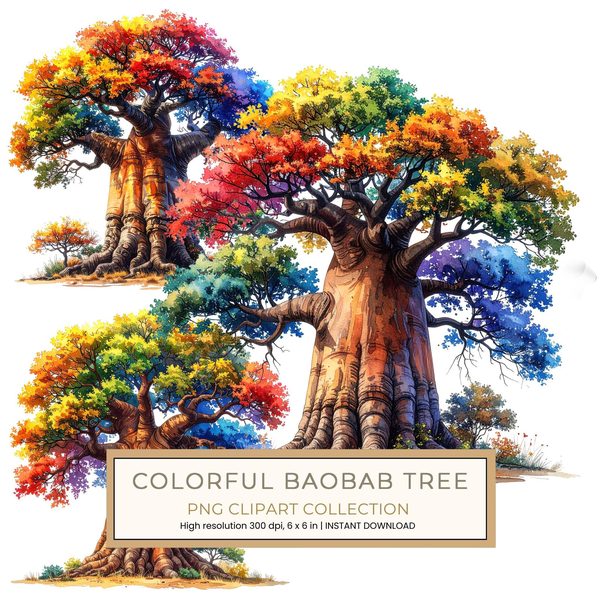 12 Colorful Baobab Tree of Life Clipart PNG - Watercolor Style (Digital Download - Commercial Use)