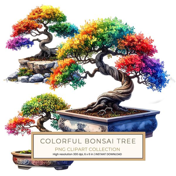 12 Rainbow Bonsai Tree of Life Clipart PNG - Watercolor Style (Digital Download - Commercial Use)