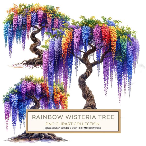 12 Rainbow Wisteria Tree of Life Clipart PNG - Watercolor Style (Digital Download, Commercial Use)