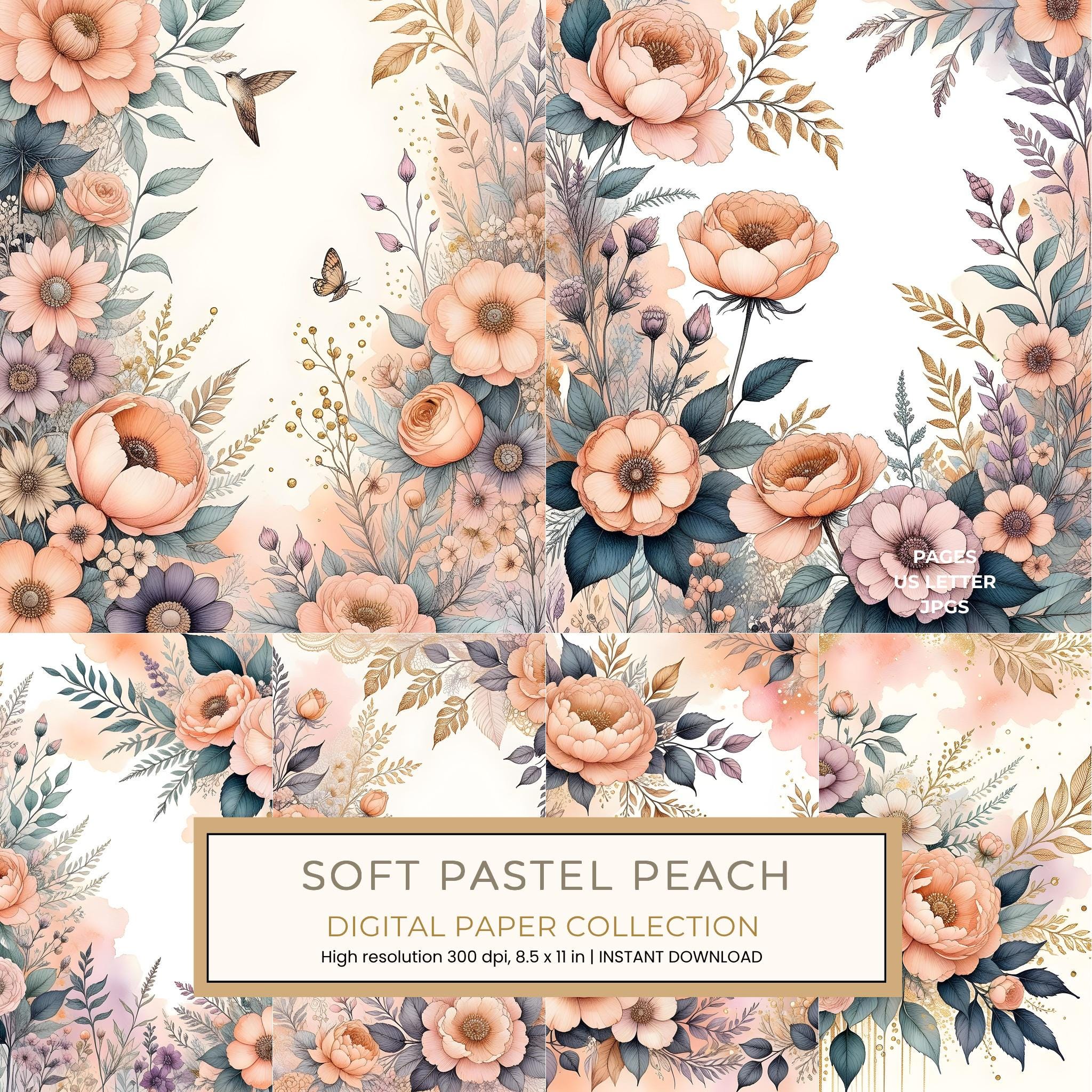 Soft Pastel Peach Digital Paper: 15 Printable Pages - Watercolor Scrapbook Paper - Commercial Use
