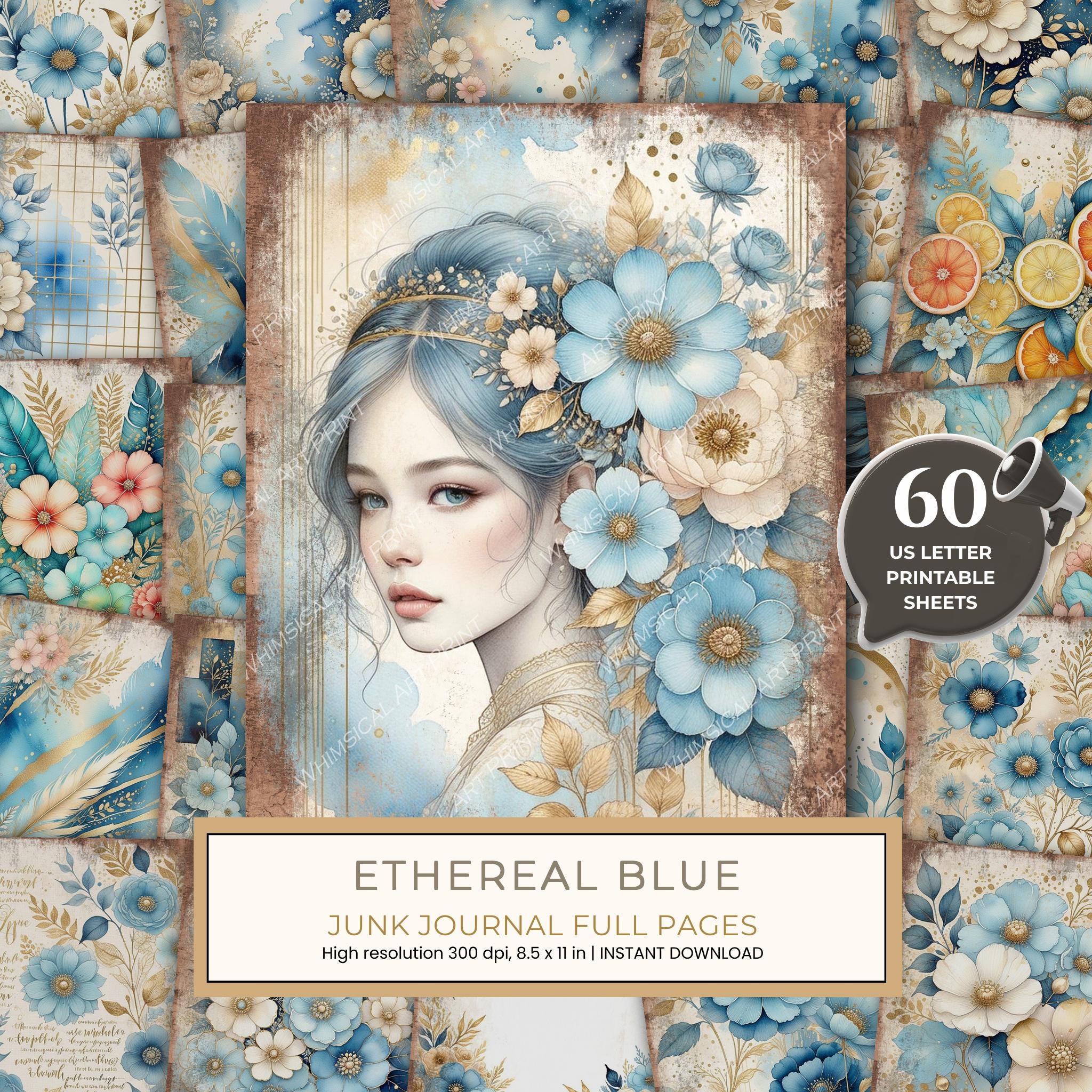 Ethereal Blue Junk Journal Pages: 60 Abstract Floral Watercolor Digital Paper, Scrapbook Printables