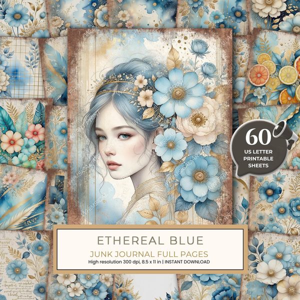 Ethereal Blue Junk Journal Pages: 60 Abstract Floral Watercolor Digital Paper, Scrapbook Printables