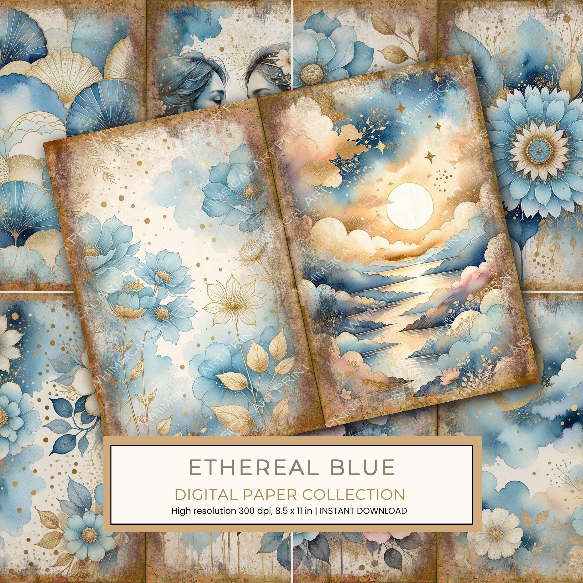 Ethereal Blue Journal Spreads: 30 Printable Open Book Pages - Watercolor Digital Paper - Commercial Use