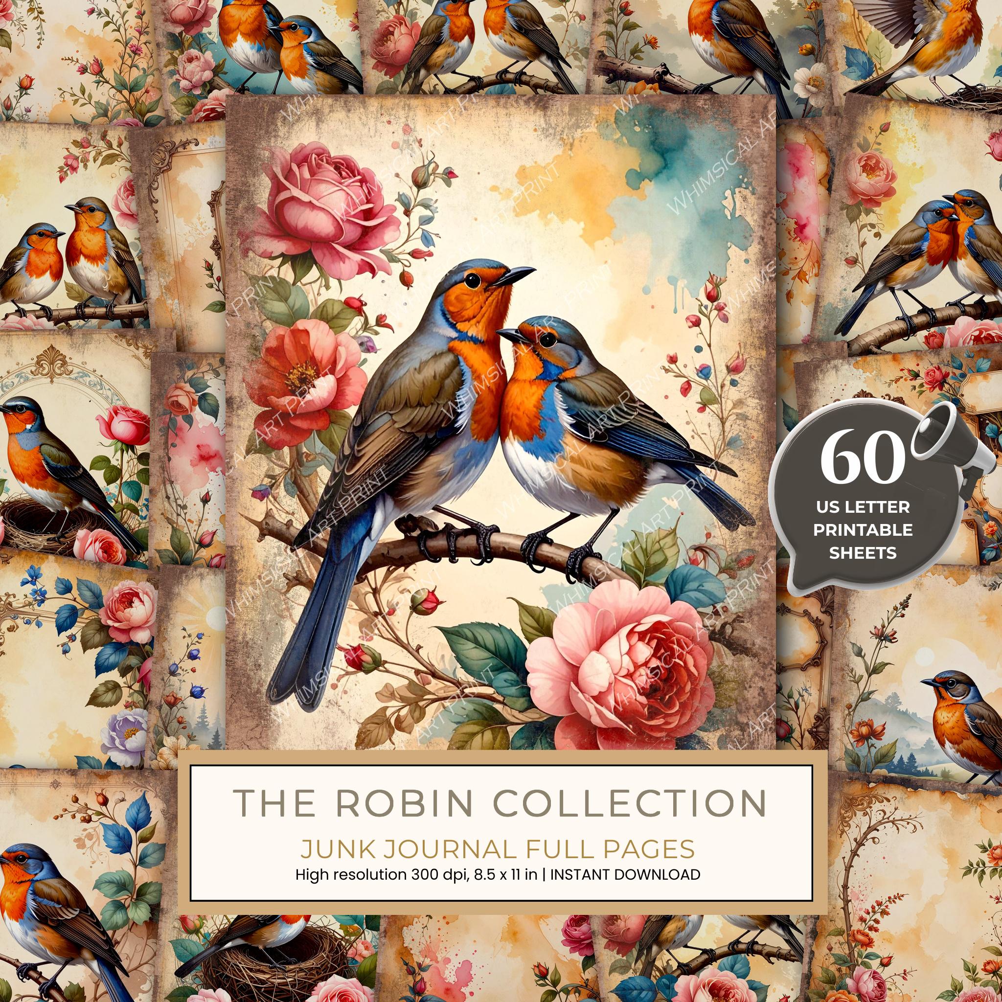 The Robin Collection Junk Journal Pages: 60 Watercolor Digital Paper - Scrapbook Printables