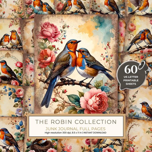 The Robin Collection Junk Journal Pages: 60 Watercolor Digital Paper - Scrapbook Printables