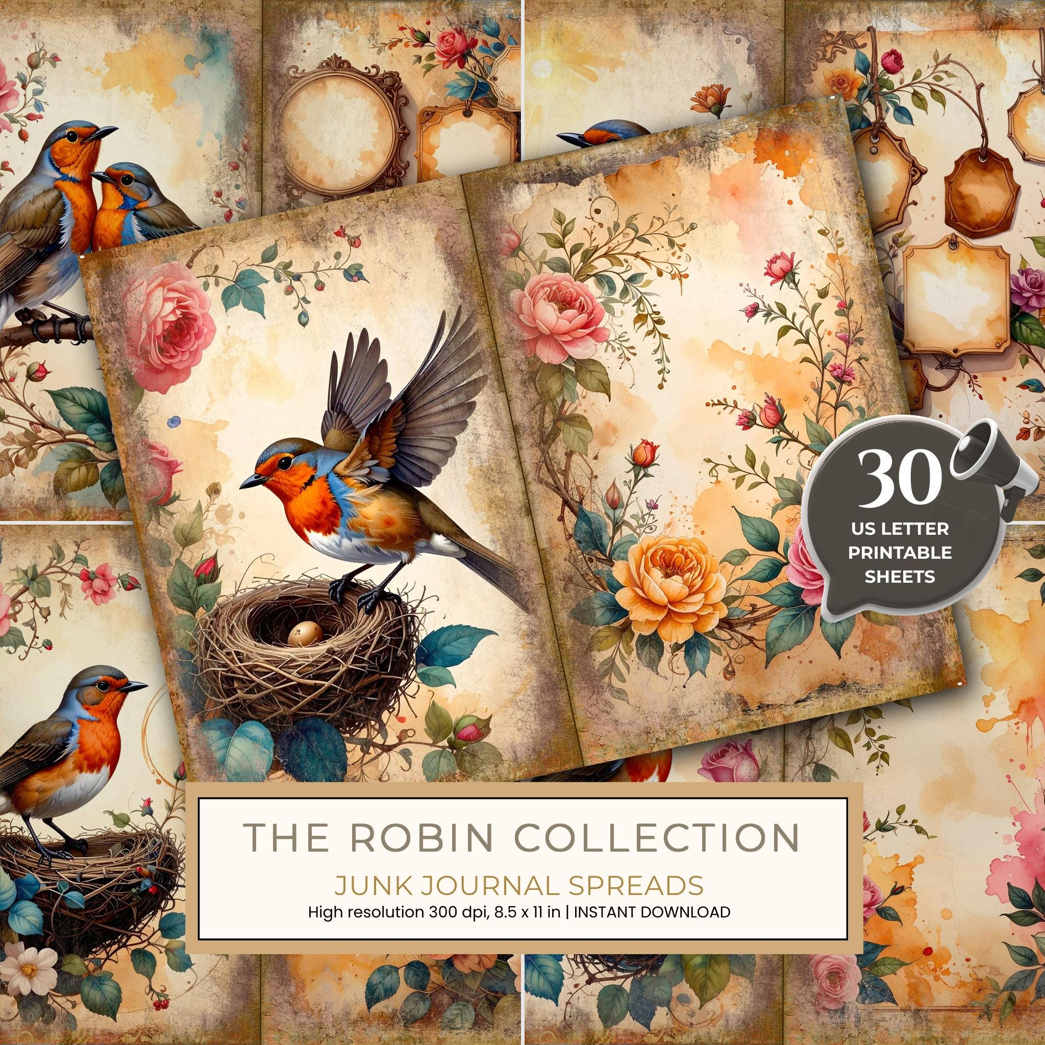 The Robin Collection Journal Spreads: 30 Printable Open Book Pages - Watercolor Digital Paper