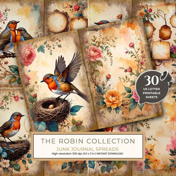 The Robin Collection Journal Spreads: 30 Printable Open Book Pages - Watercolor Digital Paper