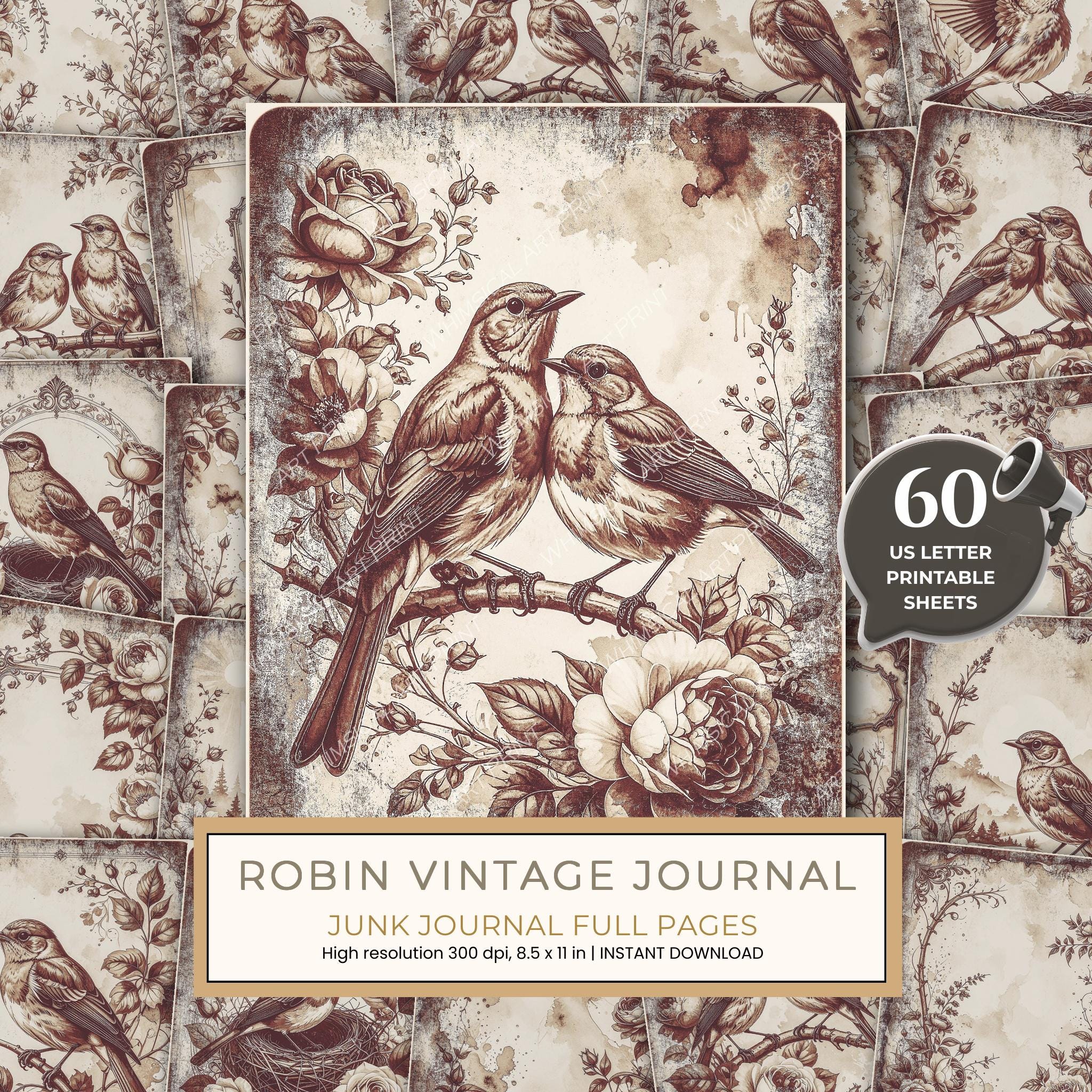 Robin Vintage Junk Journal: 60 Grungy Monochrome Papers, Ink Saver Antique Bird Scrapbook Printable