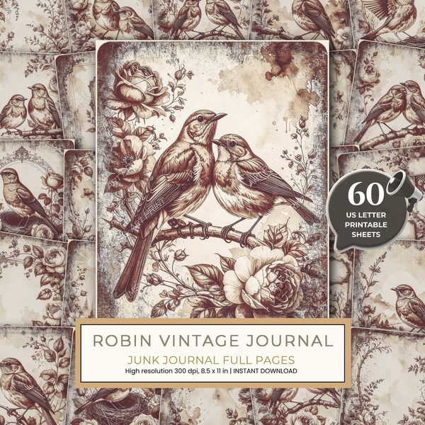Robin Vintage Junk Journal: 60 Grungy Monochrome Papers, Ink Saver Antique Bird Scrapbook Printable