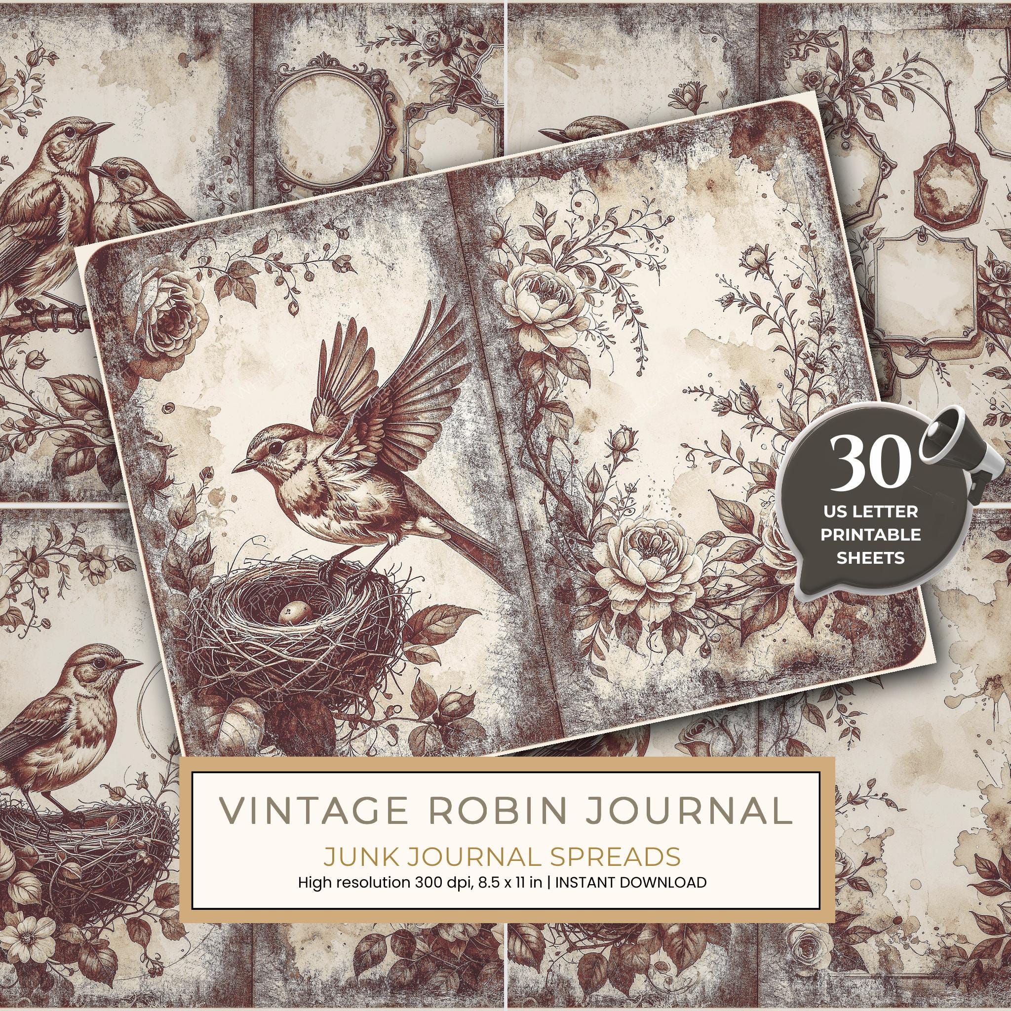 Robin Vintage Junk Journal: 60 Grungy Monochrome Papers, Ink Saver Antique Bird Scrapbook Printable