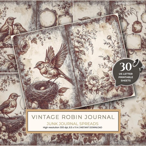 Robin Vintage Junk Journal: 60 Grungy Monochrome Papers, Ink Saver Antique Bird Scrapbook Printable