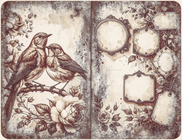 Robin Vintage Junk Journal: 60 Grungy Monochrome Papers, Ink Saver Antique Bird Scrapbook Printable — image 1