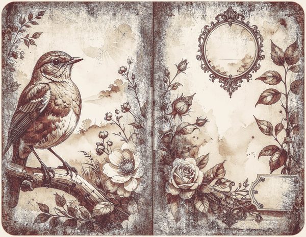 Robin Vintage Junk Journal: 60 Grungy Monochrome Papers, Ink Saver Antique Bird Scrapbook Printable — image 8
