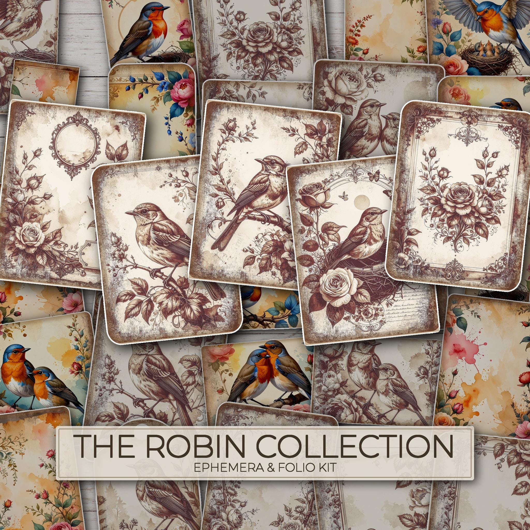 The Robin Collection Kit: 25 Printable Sheets - Vintage Fussy Cut Cards, Tags & Folio Instant Download