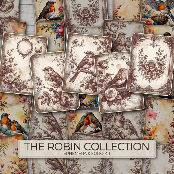 The Robin Collection Kit: 25 Printable Sheets - Vintage Fussy Cut Cards, Tags & Folio Instant Download