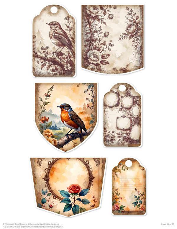 The Robin Collection Kit: 25 Printable Sheets - Vintage Fussy Cut Cards, Tags & Folio Instant Download — image 13
