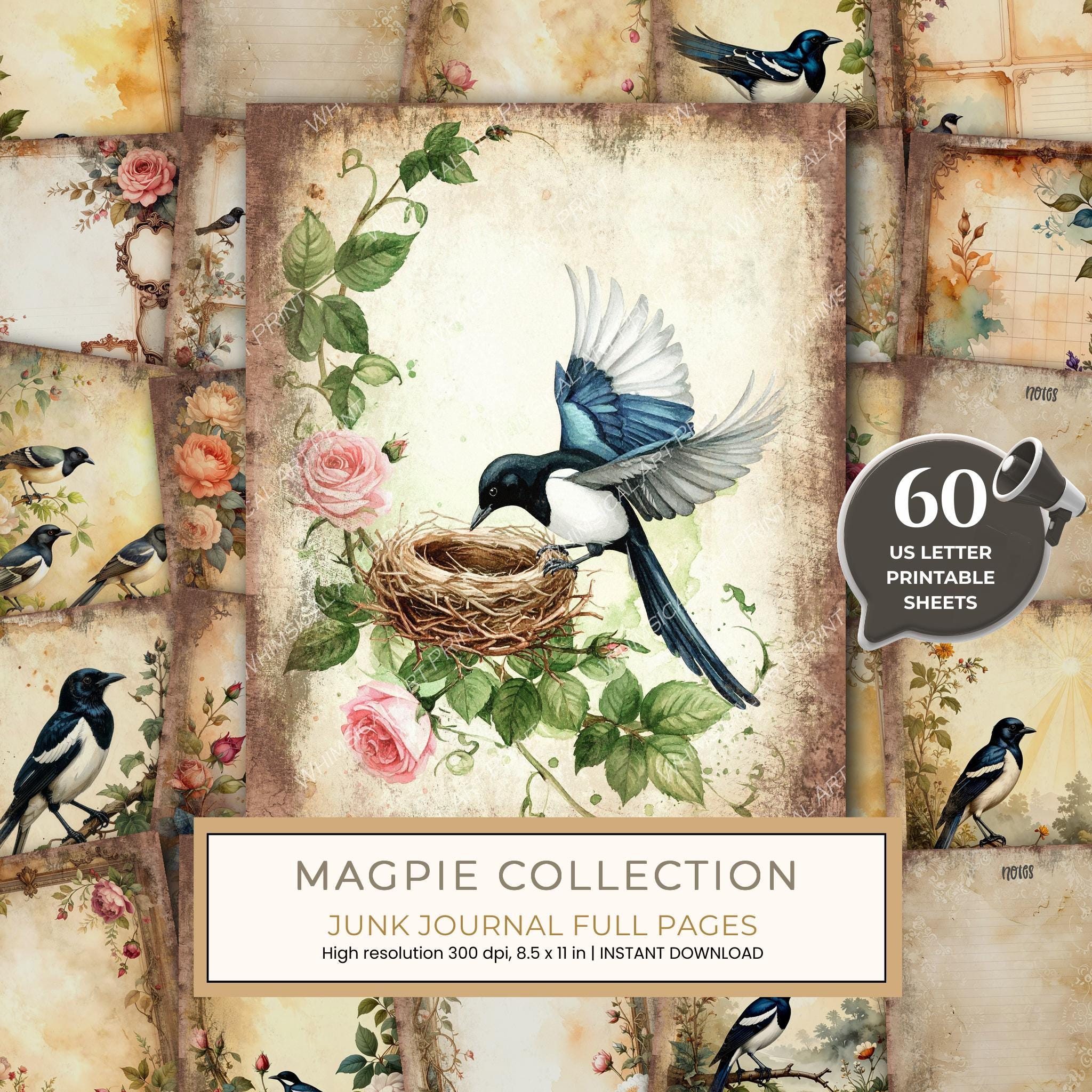 Magpie Bird Collection Junk Journal Pages: 60 Watercolor Digital Paper - Scrapbook Printables