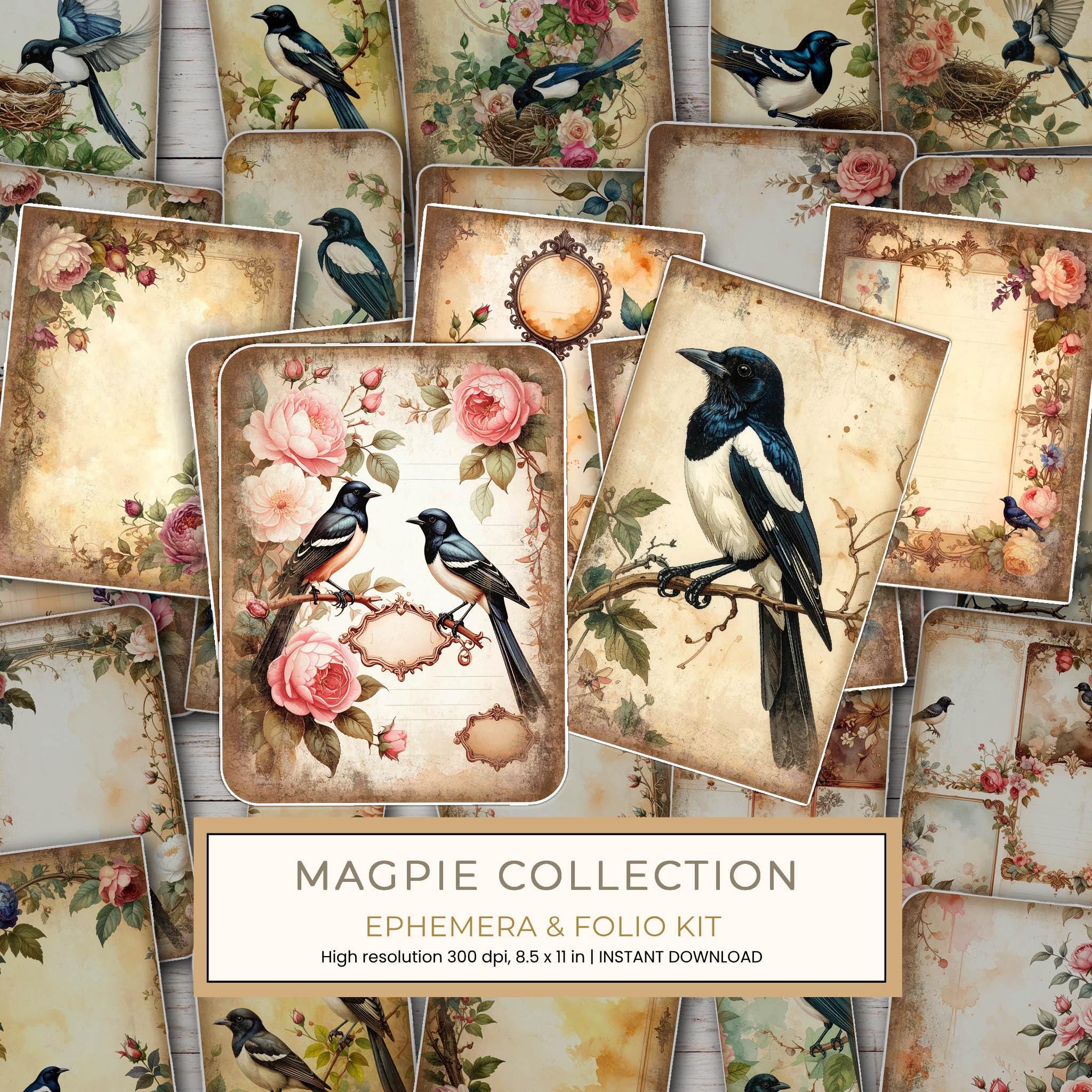 Magpie Collection Kit: 37 Printable Sheets - Vintage Fussy Cut Cards, Tags & Folio - Commercial Use