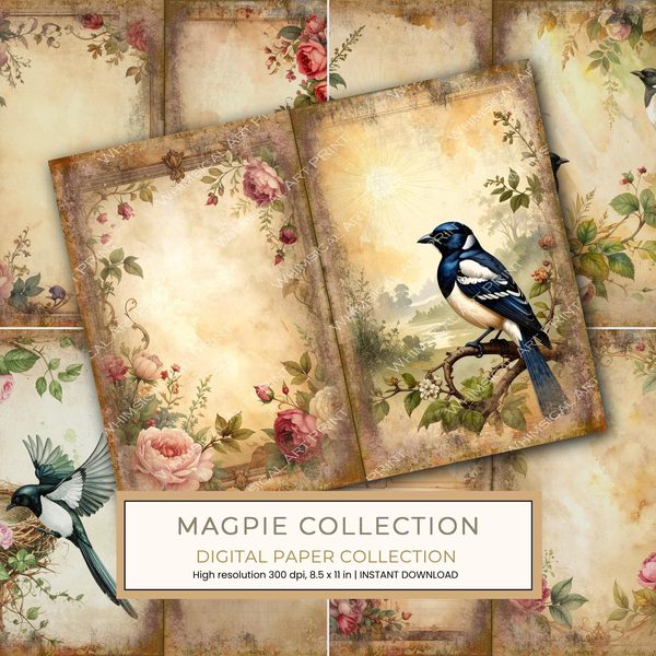 Magpie Bird Collection Journal Spreads: 30 Printable Open Book Pages - Watercolor Digital Paper