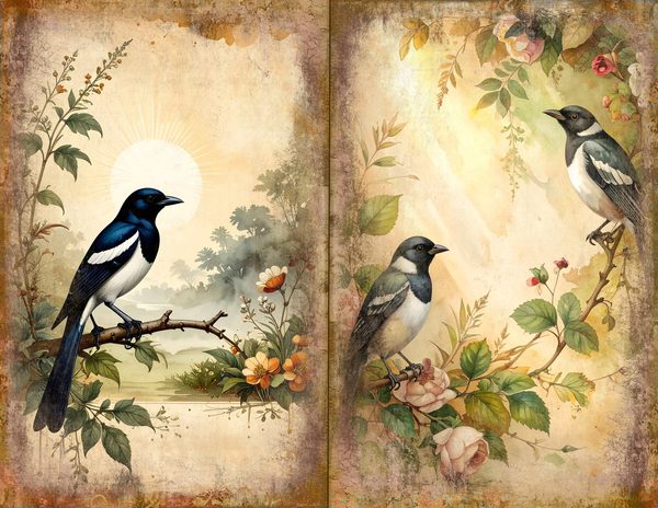 Magpie Bird Collection Journal Spreads: 30 Printable Open Book Pages - Watercolor Digital Paper — image 2