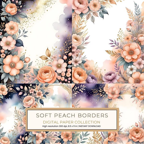 Soft Peach Borders Digital Paper: 13 Printable Pages - Watercolor Scrapbook Paper - Commercial Use