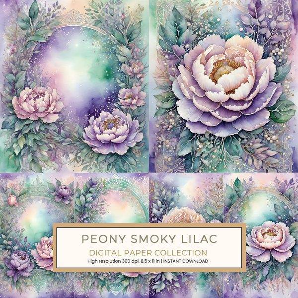 Peony Smoky Lilac Digital Paper: 16 Printable Pages - Watercolor Scrapbook Paper - Commercial Use