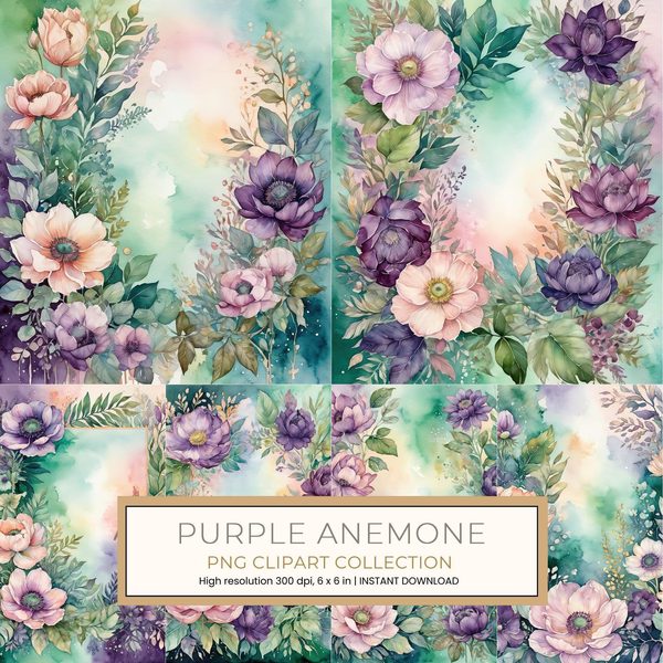 Purple Anemone Digital Paper: 14 Printable Pages - Watercolor Scrapbook Paper - Commercial Use