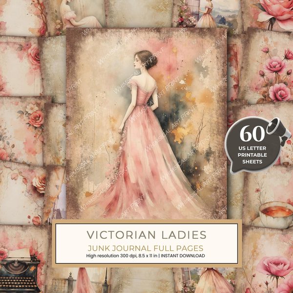 Victorian Ladies Junk Journal Pages: 50 Watercolor Digital Paper - Scrapbook Printables - Commercial Use