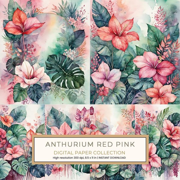 Anthurium Red Pink Digital Paper: 14 Printable Pages - Watercolor Scrapbook Paper - Commercial Use