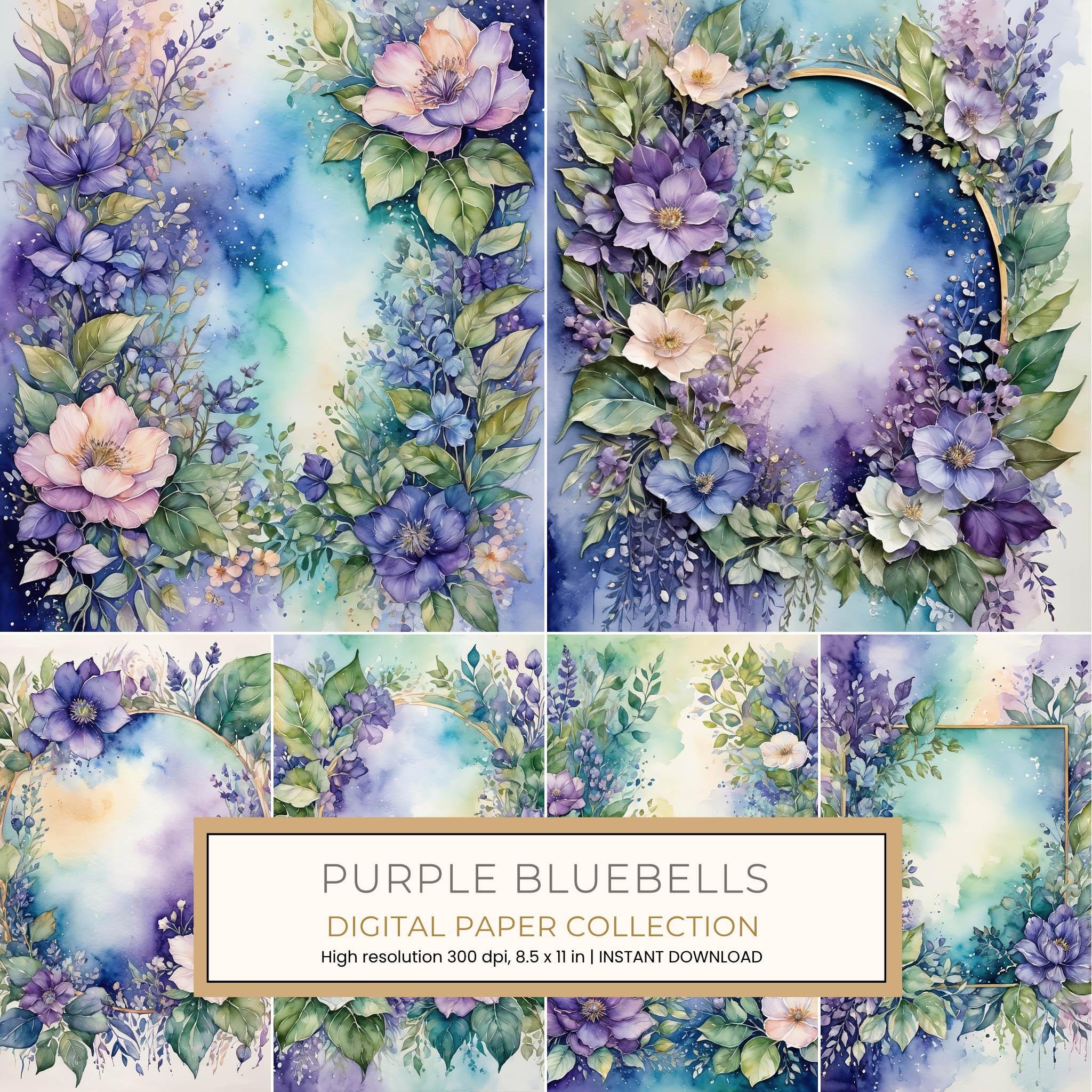 Bluebell Bluebell Purple Digital Paper: 12 Printable Pages - Watercolor Scrapbook Paper - Commercial Use