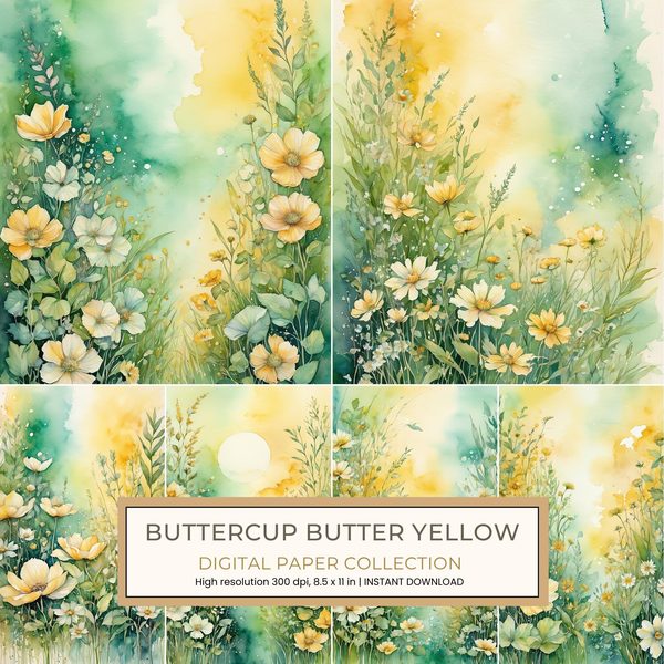 Buttercup Butter Yellow Digital Paper: 10 Printable Pages - Watercolor Scrapbook Paper - Commercial Use