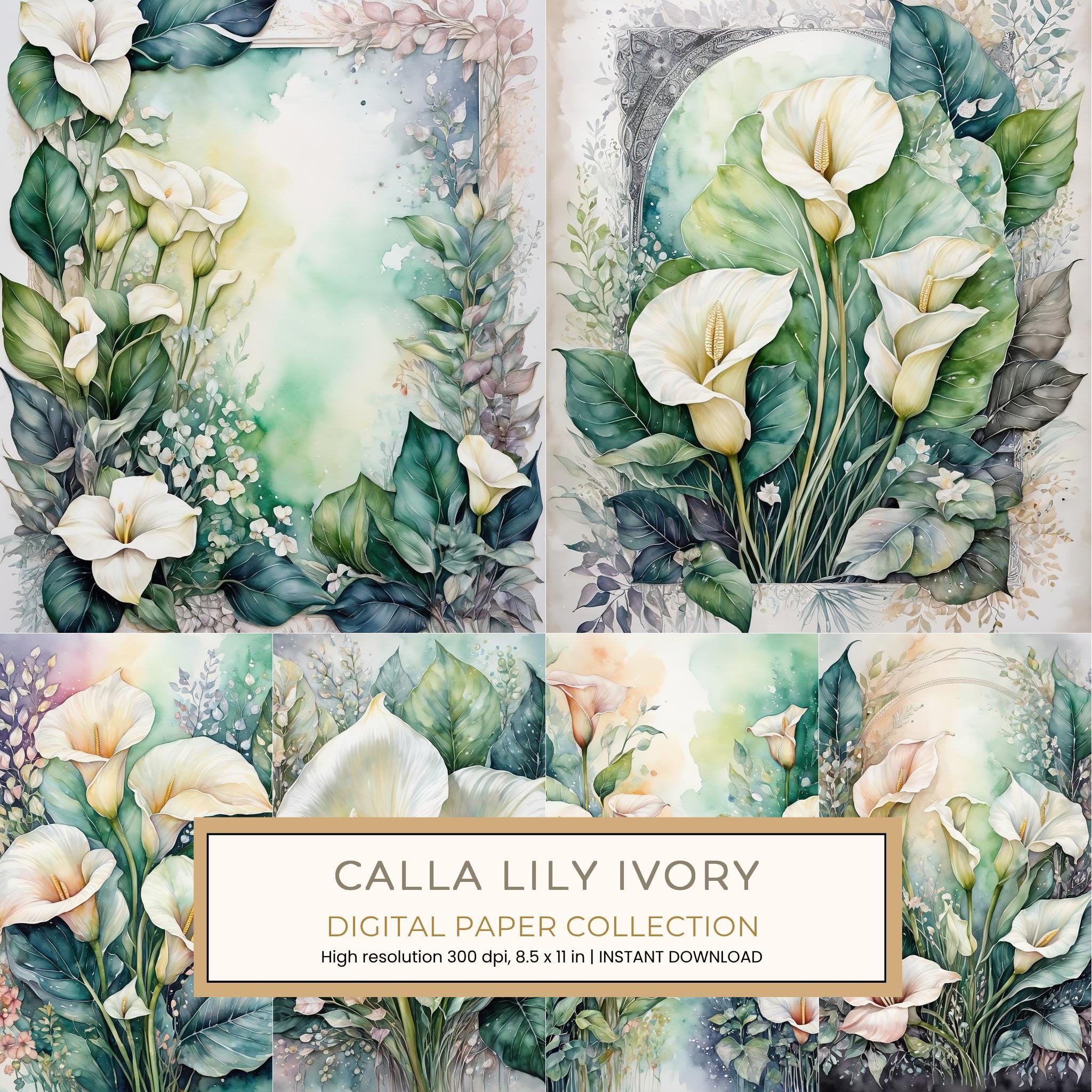 Calla Lily Ivory Digital Paper: 14 Printable Pages - Watercolor Scrapbook Paper - Commercial Use