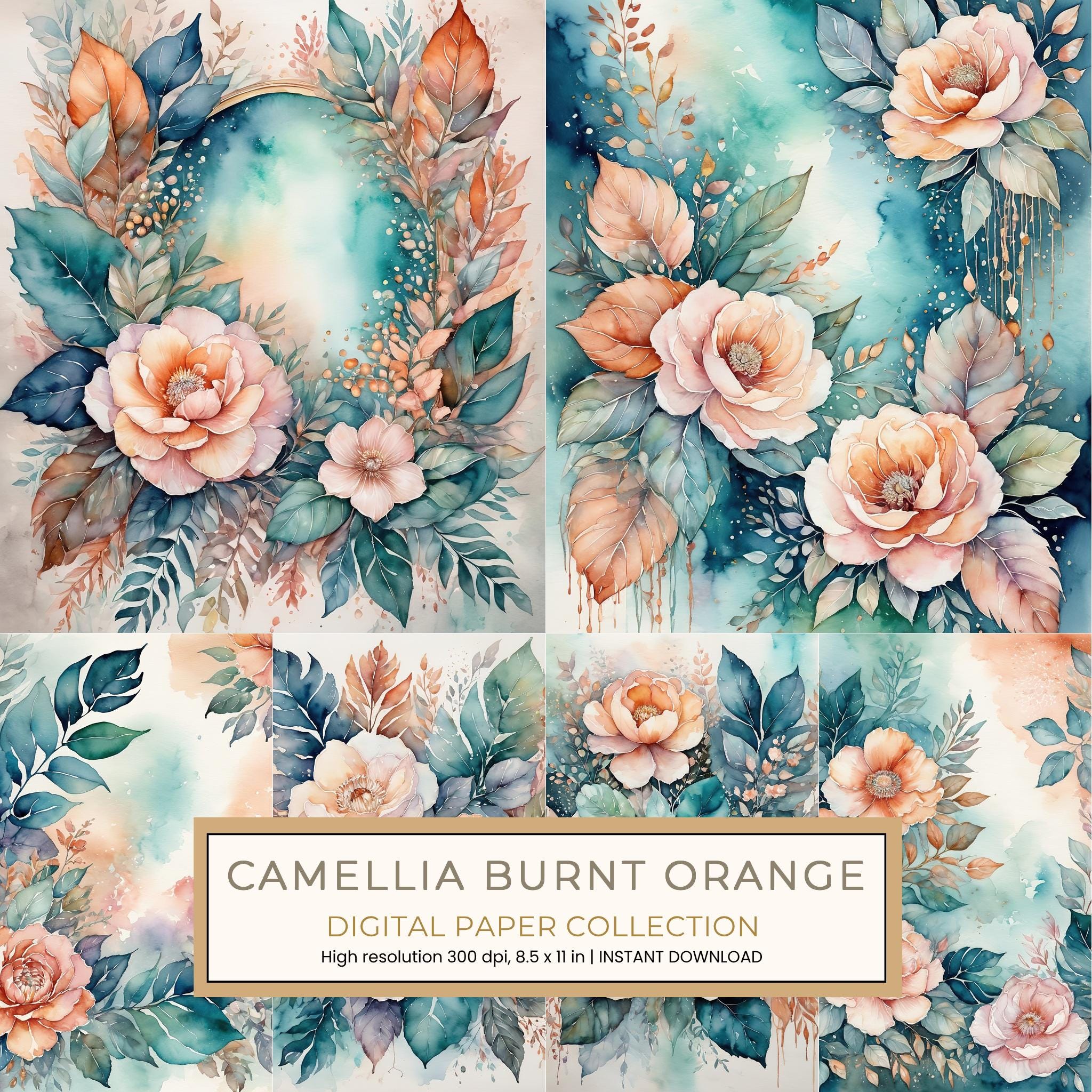 Camellia Burnt Orange Digital Paper: 14 Printable Pages - Watercolor Scrapbook Paper - Commercial Use