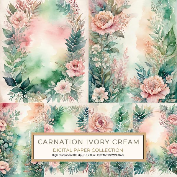 Carnation Ivory Cream Digital Paper: 14 Printable Pages - Watercolor Scrapbook Paper - Commercial Use
