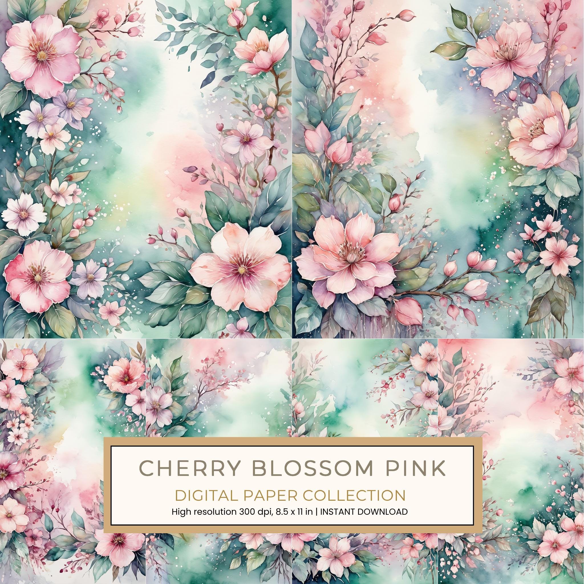Cherry Blossom Pink Digital Paper: 13 Printable Pages - Watercolor Scrapbook Paper - Commercial Use