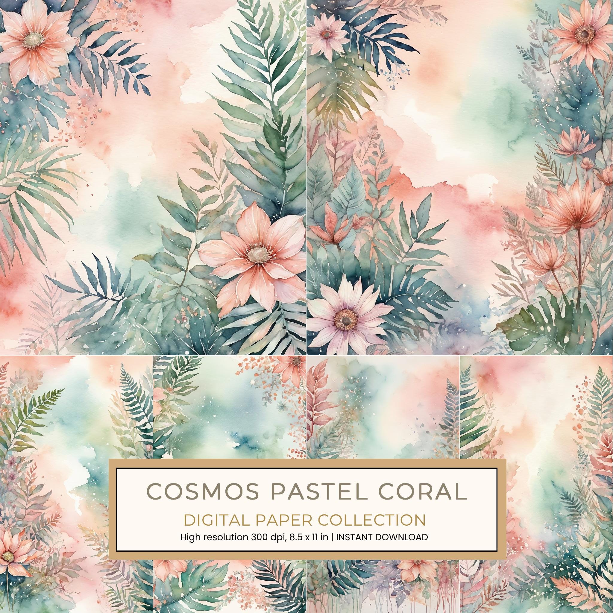 Cosmos Pastel Coral Digital Paper: 13 Printable Pages - Watercolor Scrapbook Paper - Commercial Use