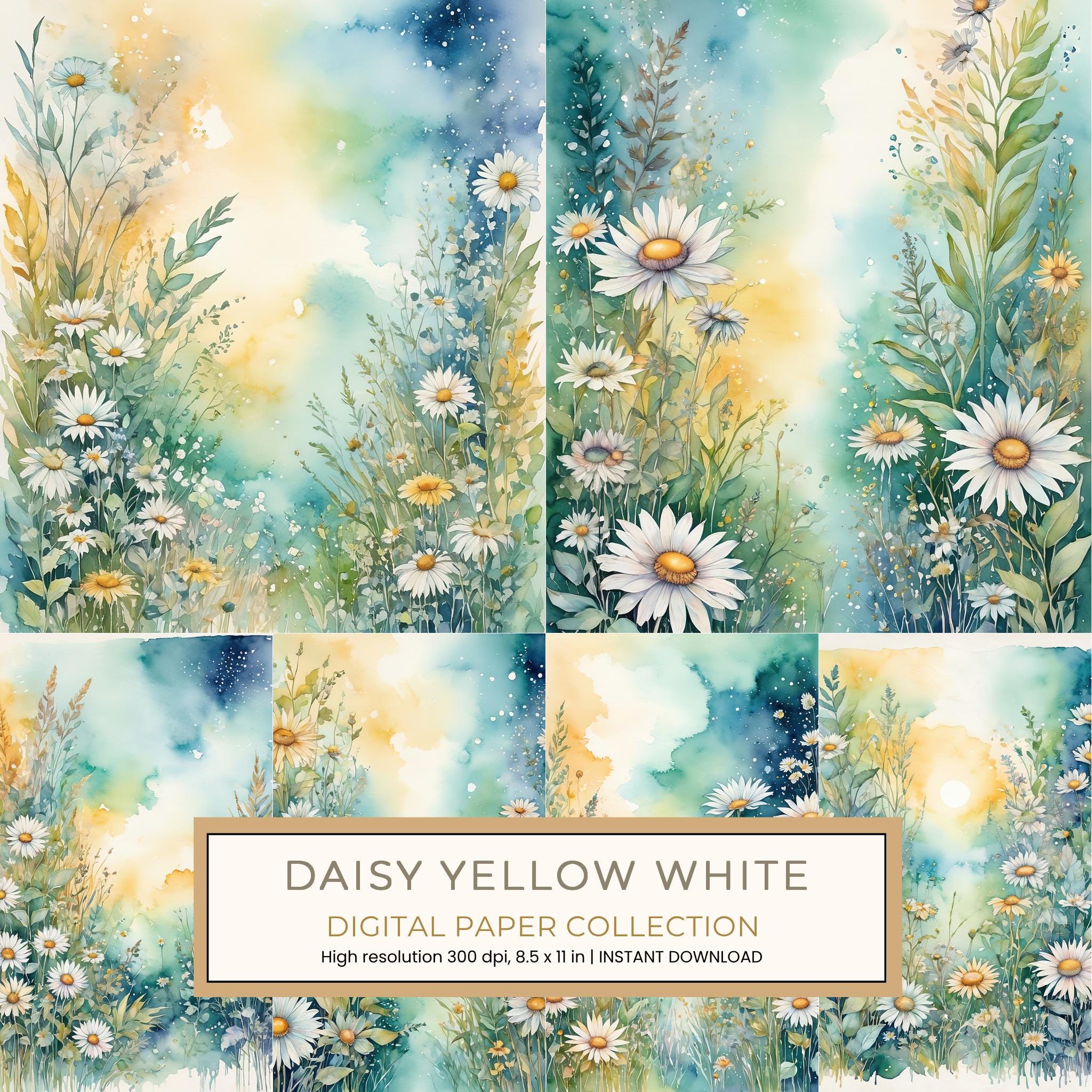 Daisy Yellow White Digital Paper: 14 Printable Pages - Watercolor Scrapbook Paper - Commercial Use